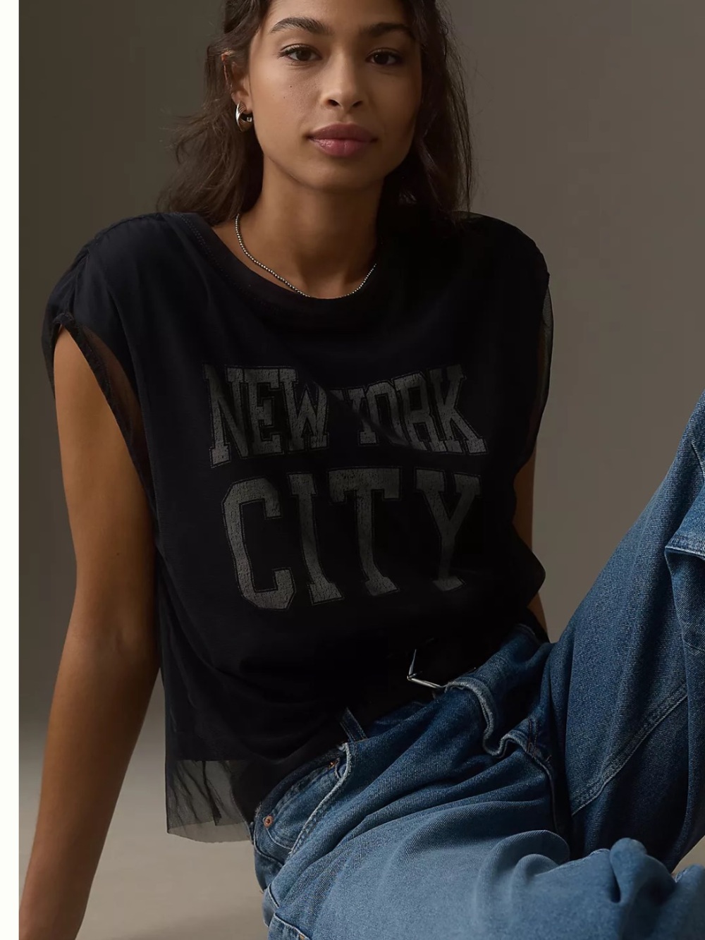 Anthropologie Pilcro Cap-Sleeve Mesh Graphic Band T-Shirt New York City Small